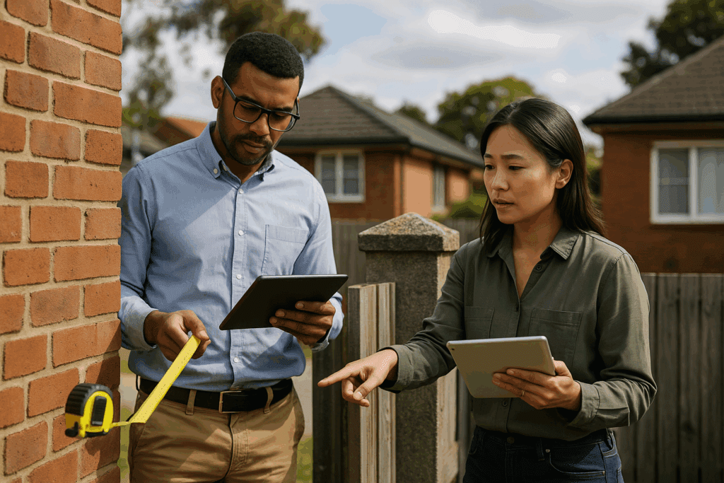 Two engineers comparing property boundaries with tablets and measuring tools.